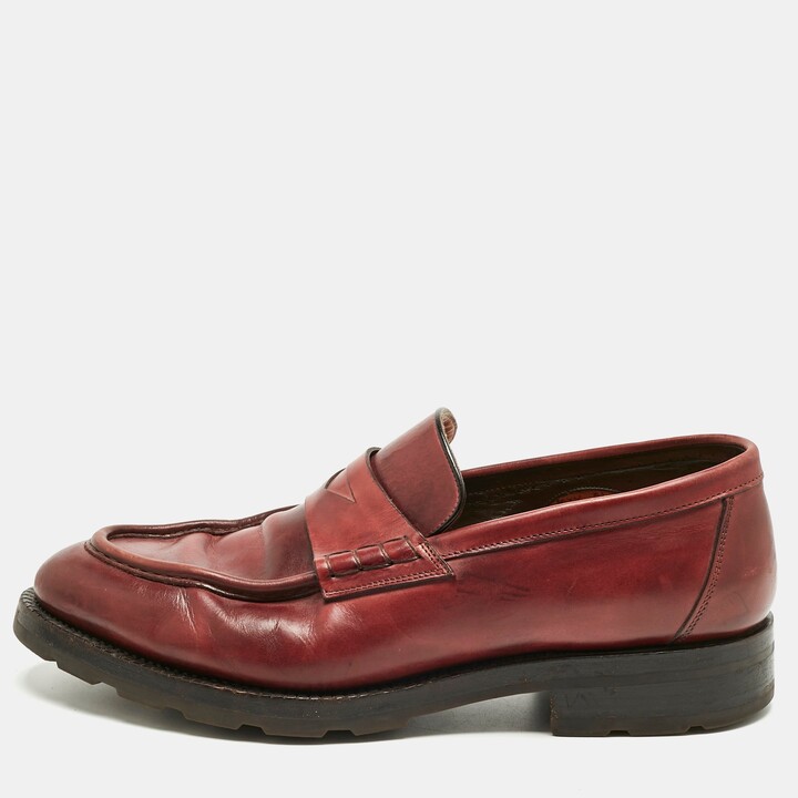 Santoni Burgundy Leather Penny Slip On Loafers