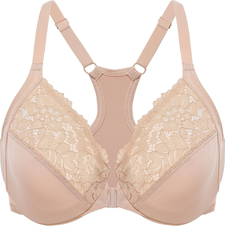 DELIMIRA Women's Racerback Front Fastening Bras Plus Size Full Coverage  Lace Underwire Unlined Support Bras Beige 42F - ShopStyle