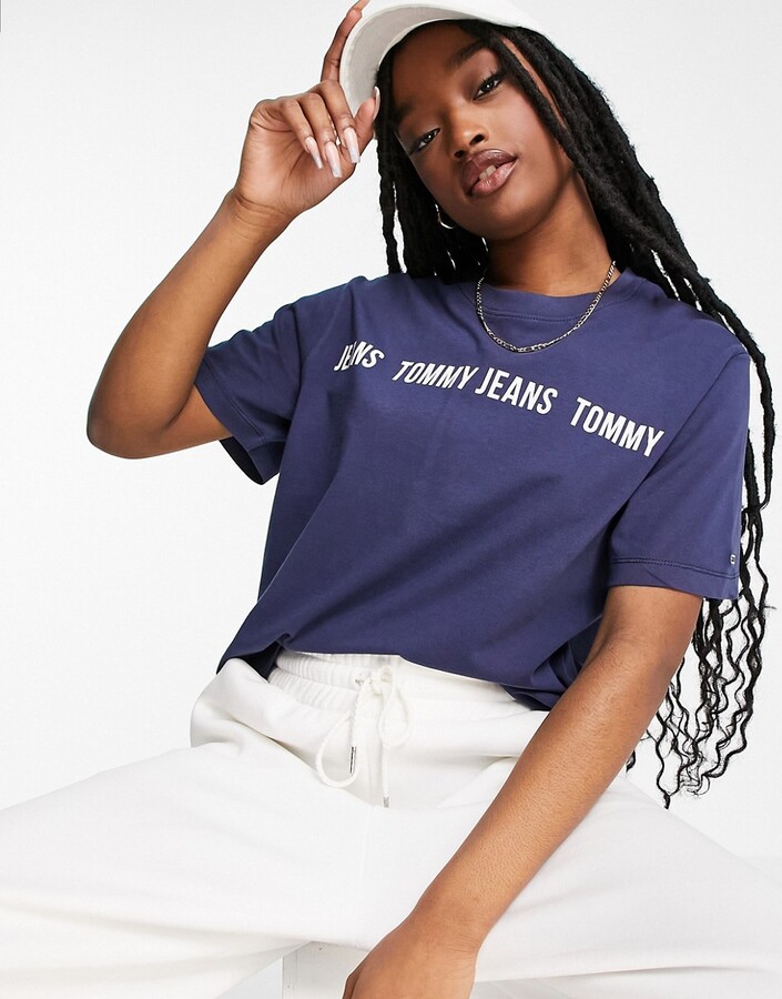 Tommy Jeans short sleeve logo tape t shirt in navy - ShopStyle