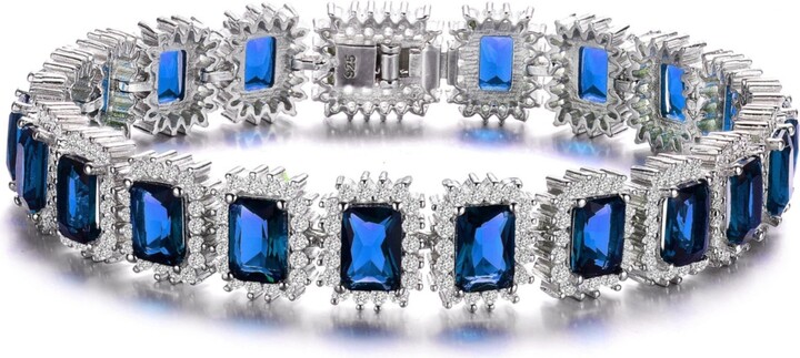 Rachel Glauber White Gold Plated with Blue Sapphire & Cubic Zirconia Rectangular Halo Cluster Link Vintage like Tennis Bracelet