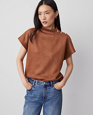 Ann Taylor Faux Suede Shoulder Button Mock Neck Top - ShopStyle