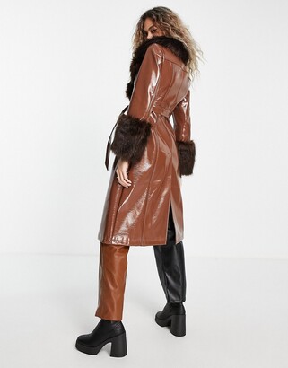 Topshop vinyl long coat with faux-fur trim in chocolate - ShopStyle