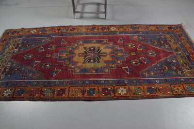 Handcrafted Turkish Vintage Area Rug in Bold Red with Tribal Pattern for Bohemian Decor