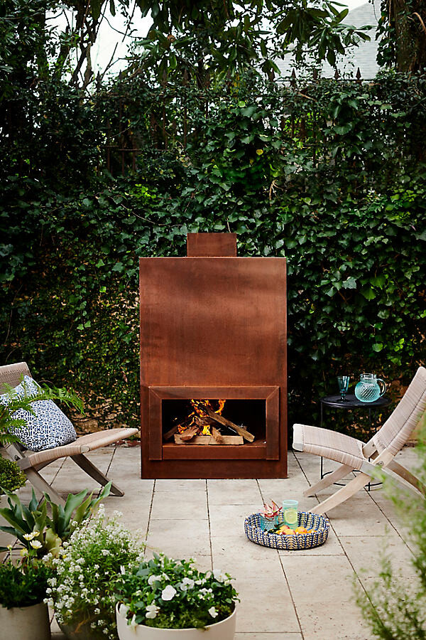 Weathering Steel Planed Outdoor Fireplace at Terrain