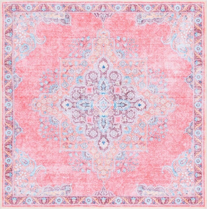 Arizona Pink/Beige 6 ft. x 6 ft. Machine Washable Distressed Medallion Border Square Area Rug