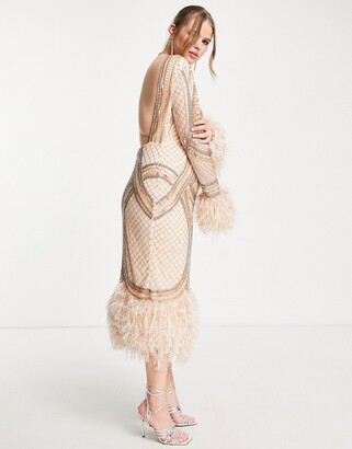 ASOS Curve ASOS DESIGN Curve long sleeve embellished midi dress with faux feather trims in blush