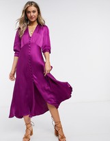 Thumbnail for your product : Ghost Maddison button front satin midi dress in purple