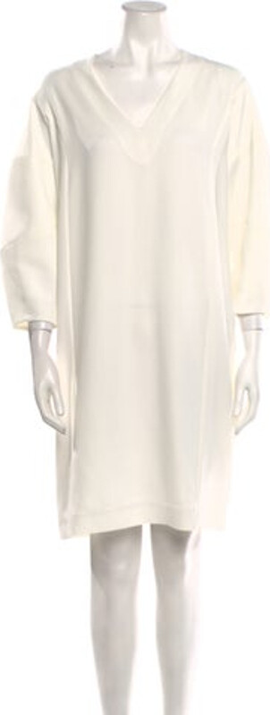 Sara Battaglia Shift Dress Neutrals Three-Quarter Sleeve with V-Neck