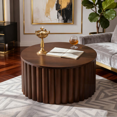 Ivy Bronx Round Coffee Table With Lift-Top Handcrafted Relief And Sturdy Pedestal For Living Room No Assembly Required