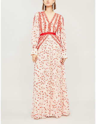 Self-Portrait Ladies Cream and Red Crescent-Print Chiffon Maxi Dress