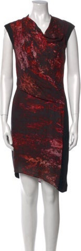 Helmut Lang Sheath Dress Black Printed Ruffle Embellishment Short Sleeve with Cowl Neck Exposed Zip Closure at Back Designer