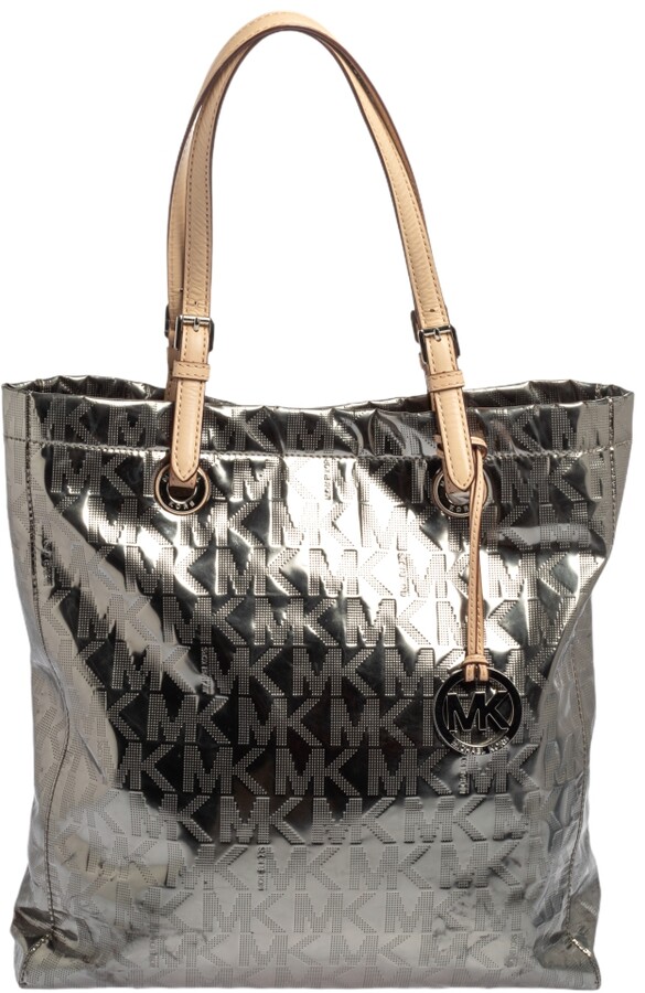 MICHAEL Michael Kors Metallic Silver Mirror Signature PVC and Leather North  South Jet Set Tote - ShopStyle