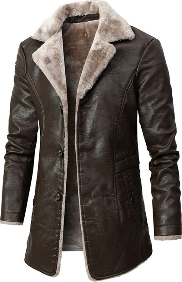 Suncolour Mens Fur Collar Winter Leather Long Jacket Men Heavy Work