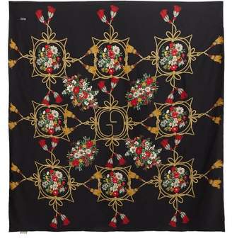 Gucci Floral And Tassel-print Silk-faille Shawl - Womens - Black