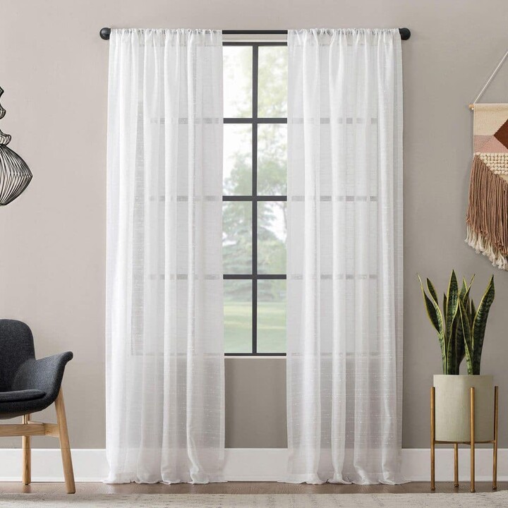 Clean Window Aya Textured Slub Stripe Linen Blend 52 in. W x 84 in. L Sheer Rod Pocket Curtain Panel in White