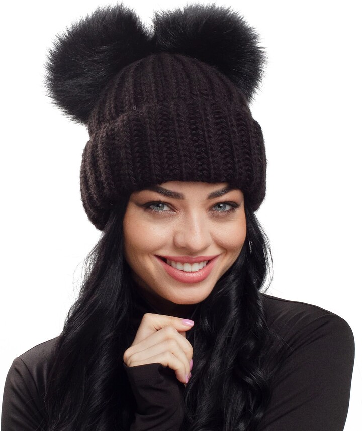 Hats&Cats 2 Pom Beanie Women Knit Warm Winter Hat Fleece Lined (Black) ShopStyle