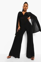 Thumbnail for your product : boohoo Textured Slinky Wide Leg Cape Jumpsuit