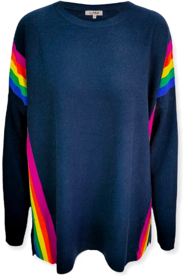 black jumper with rainbow stripe