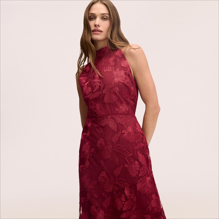 Sam Edelman Leaf Embroidered Midi Dress Burgundy