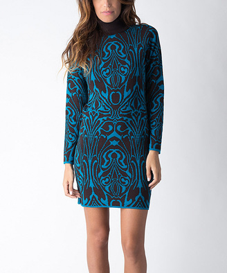 Yuka Paris Brown & Turquoise Abstract Turtleneck Sweater Dress