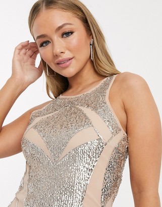 Frock and Frill Club illusion embellished bodycon mini dress in silver