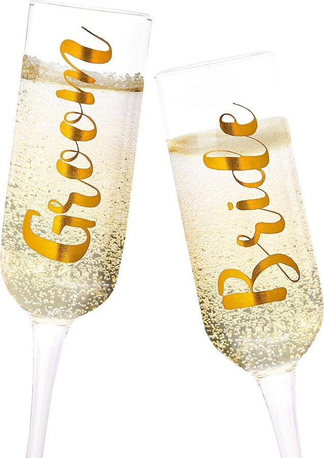 Blue Panda 2 Pack Gold Bride and Groom Champagne Flutes, Wedding