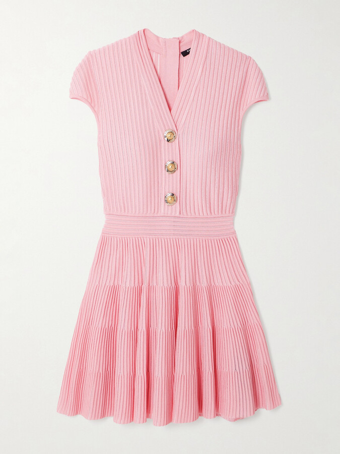 Balmain - Button-embellished Ribbed-knit Mini Dress - Pink