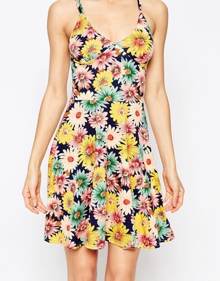 Club L Cami Skater Dress in Sunflower Print with Strap Back Detail