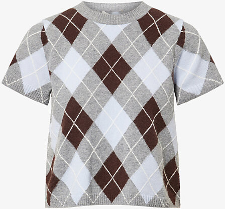 Me And Em Womens Sky Blue Multi Baby Tee Argyle-Pattern Cashmere Top Xxs
