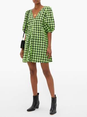 Ganni Checked Cotton-blend Seersucker Mini Dress - Womens - Black Green