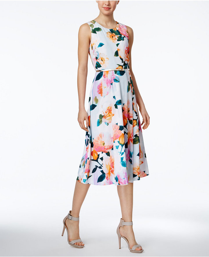 Calvin Klein Belted Floral-Print Midi Dress - ShopStyle