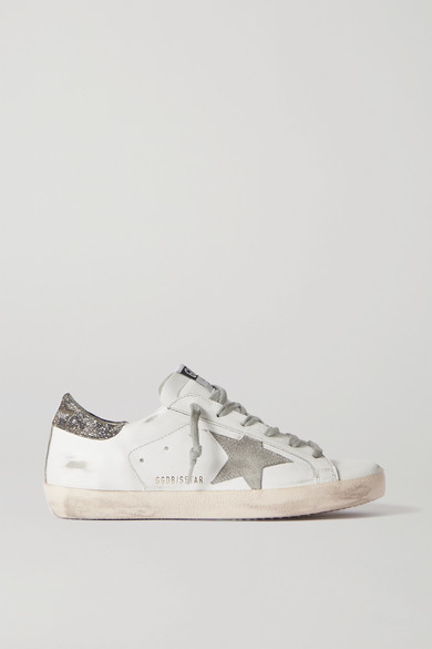 golden goose superstar distressed glittered leather sneakers