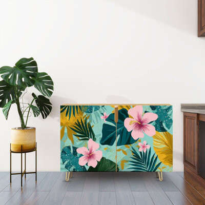 Sideboard Buffet Cabinet with Storage Tropical flowers Mid Century Modern Art Future Abstract artistic palm with 2 Doors for Living Room and Kitchen