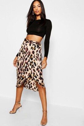 boohoo Tall Satin Leopard Print Wrap Skirt