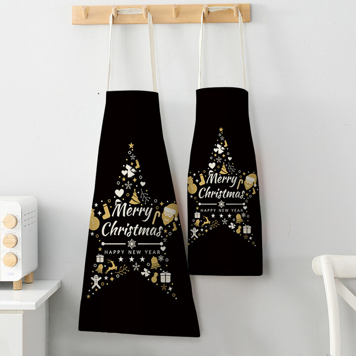 unframed Black Gold Christmas Apron Elk Snowman Christmas Tree Kitchen Cooking Aprons Christmas Decorations for Home Delantal Co
