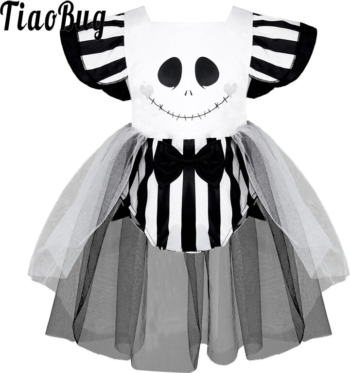 TiaoBug Infant Baby Girls Ghost Cosplay Halloween Costumes Tulle Romper Dresses with Skull Face Skeleton Print Suit Role Play Dress Up
