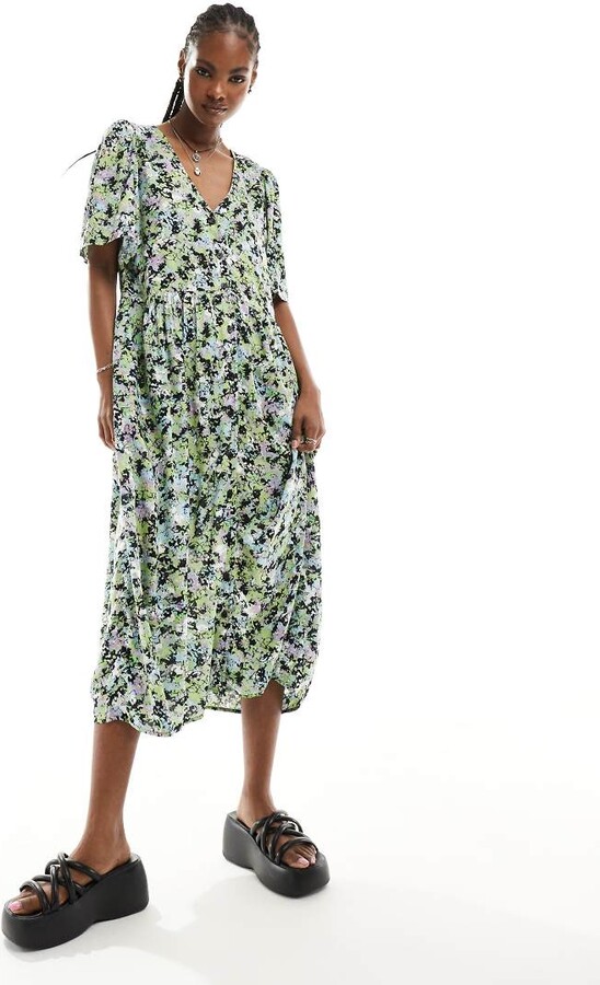 Monki button through midi dress in floral print exclusive to ASOS