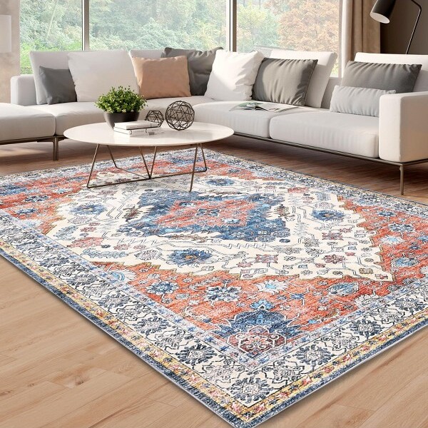 Fulvari 9'x12'AreaRugsMachineWashableRugsVintageFloralDesignNon-SlipSoftCarpetforLivingRoomOrangeBrown