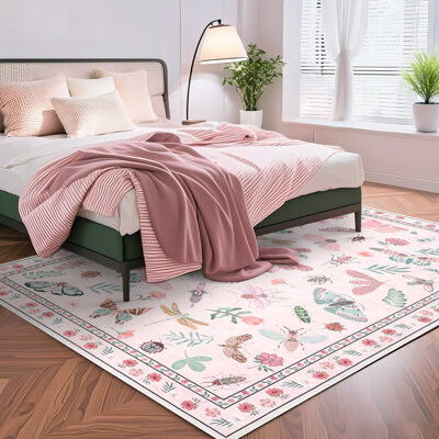 Insect Floral Area Rugs Modern Accent Carpet with Non-Slip Backing, Stain-Resistant Low Pile Floor Cover, Machine Washable Ultra-Soft Indoor Mat for L