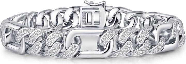 Genevive Men's Sterling Silver White Gold Plated with Iced Out Cubic Zirconia Oblong Curb Chain Bracelet
