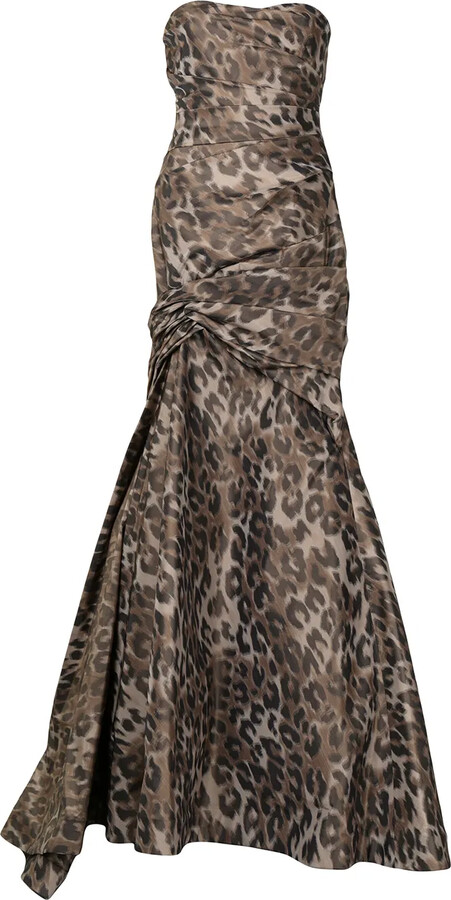 ML Monique Lhuillier Cold-Shoulder Leopard Print Gown