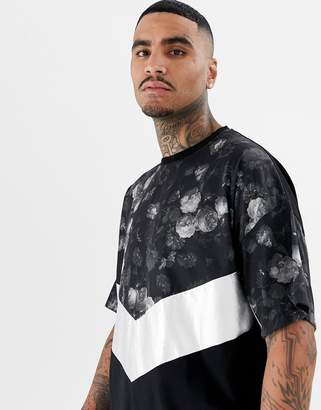 ASOS Design DESIGN oversized t-shirt with floral chevron yoke and silver foil colour blocking panel