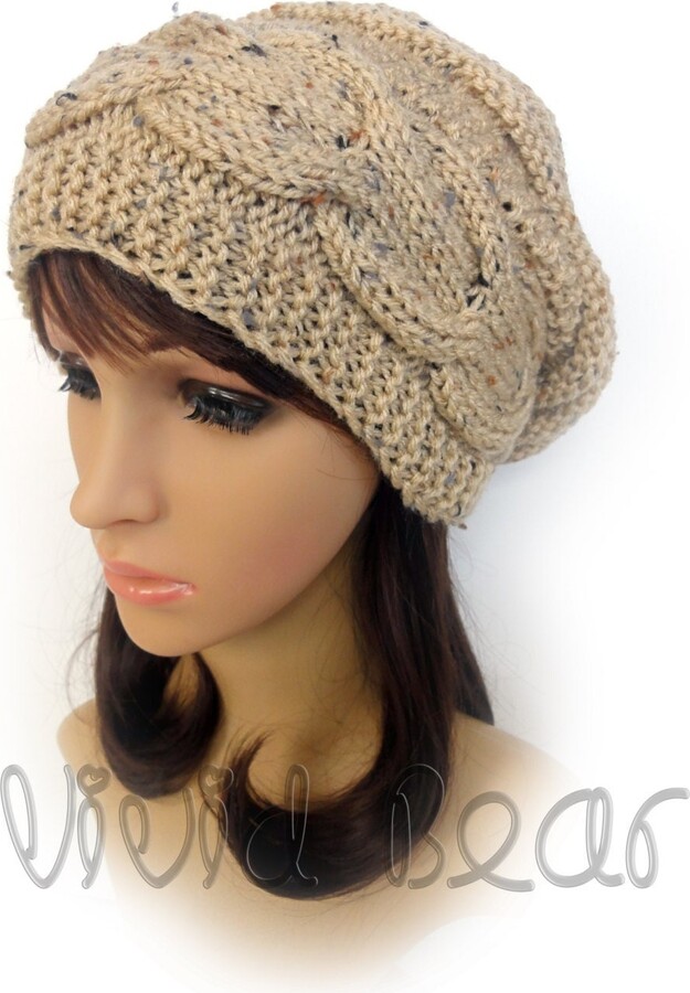 Etsy Hand Knitted Cable Slouchy Hat. Buff Fleck | Oatmeal Or 43 Colors. Worm Beanie. Women's Warm Autumn Fall Winter Accessory