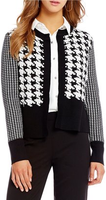 Jones New York Mixed Houndstooth Check Ribbed Trim Open Front Cardigan
