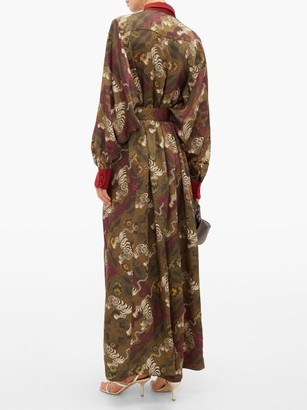 F.R.S For Restless Sleepers Febo Belted Tiger-print Cloque Gown - Green Multi