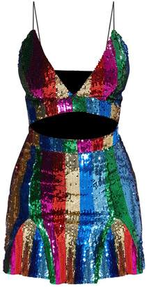 PrettyLittleThing Monochrome Stripe Sequin Strappy Plunge Extreme Split Bodycon Dress