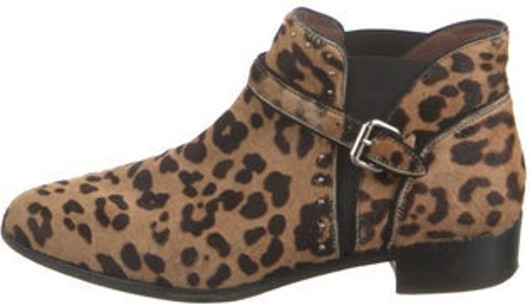 Tabitha Simmons Ponyhair Ankle Lace-Up Boots Brown Animal Print Round-Toes with Studded Accents Buckle Closure at Ankles