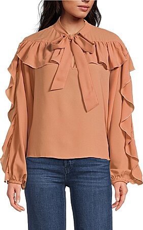 MelloDay Ruffle Tie Mock Neck Long Sleeve Top