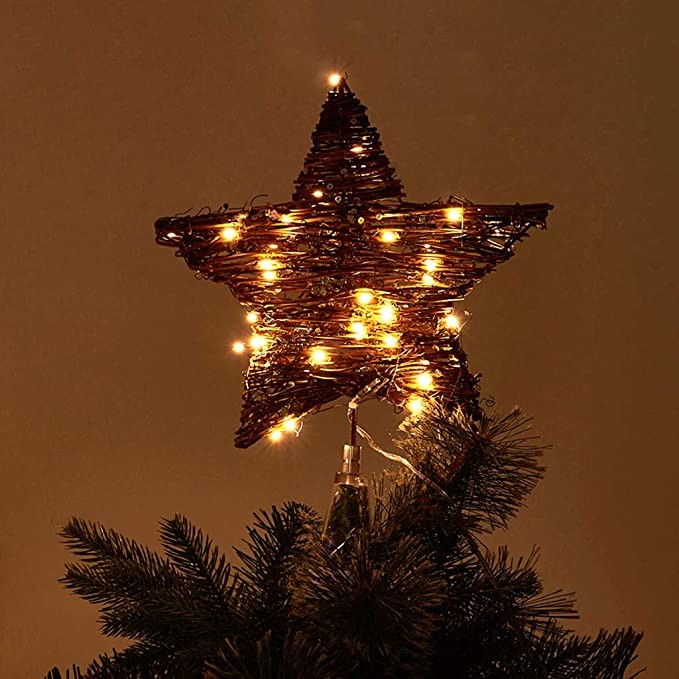 EAMBRITE 10” 40LT Christmas Rattan Tree Topper Indoor Rattan Natural Star Treetop