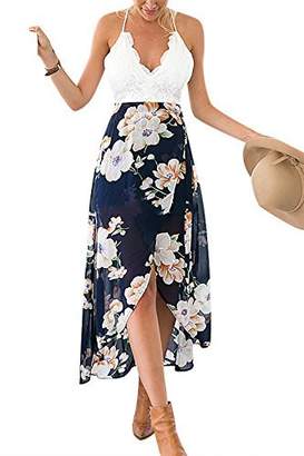 YOINS Women Casual Wrap Front Floral Print Maxi Dress with Lace Details L